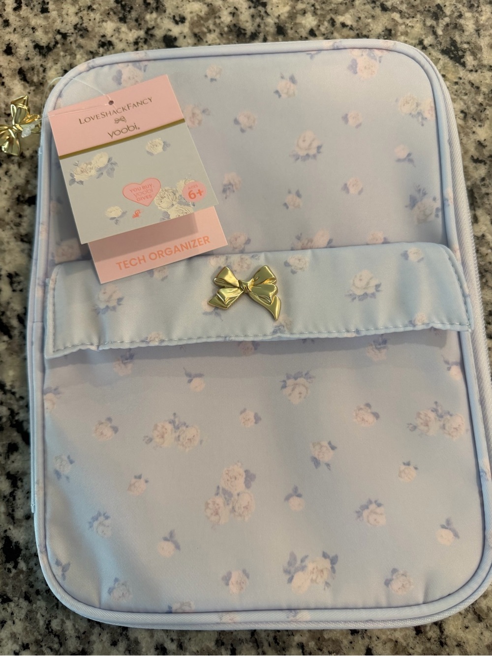 Yoobi Light Blue Floral Tech Organizer with Gold Bow Accent